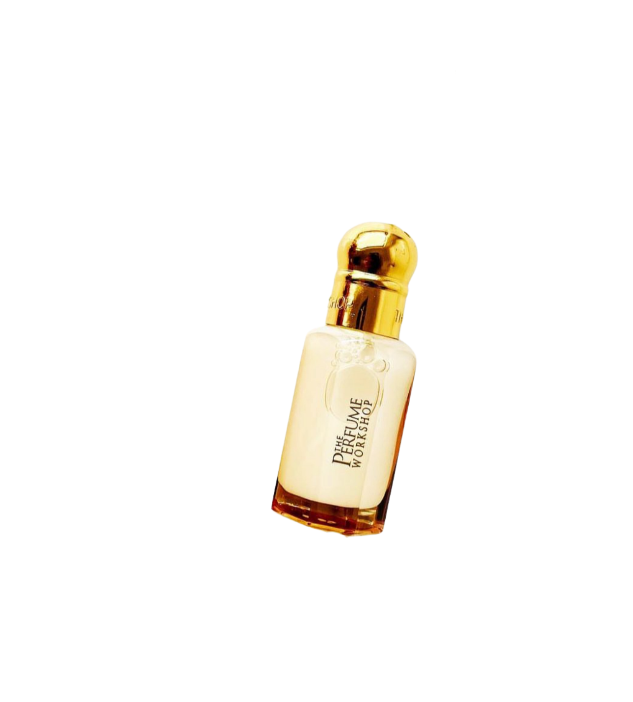 The Musk in The Perfume Workshop's Tola perfume bottle with a rounded gold cap, filled with pale white Musk liquid, shown on a plain white background.