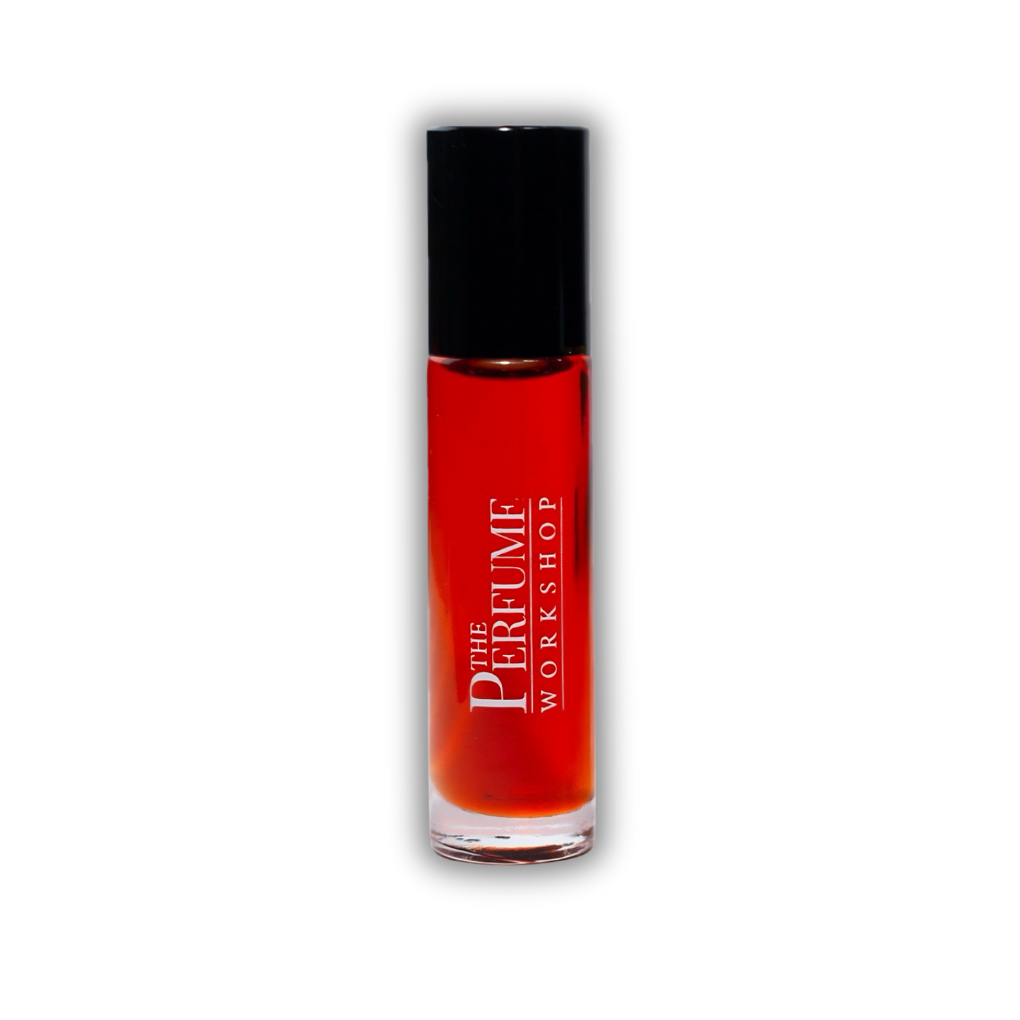 French Jazz in a cylindrical glass rollerball bottle filled with vibrant red liquid, featuring a black cap and white text that reads 'THE PERFUME WORKSHOP'.