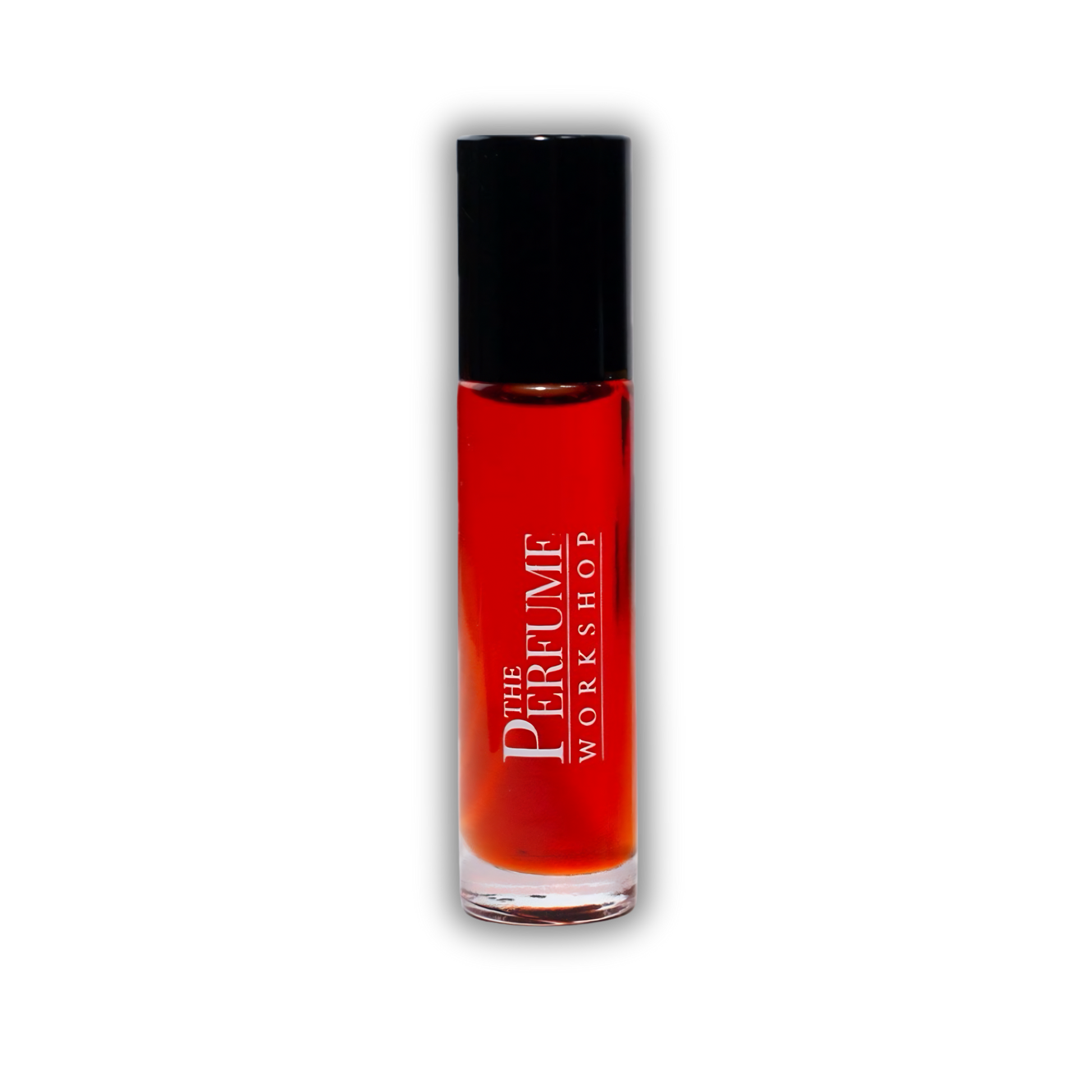 French Jazz in a cylindrical glass rollerball bottle filled with vibrant red liquid, featuring a black cap and white text that reads 'THE PERFUME WORKSHOP'.