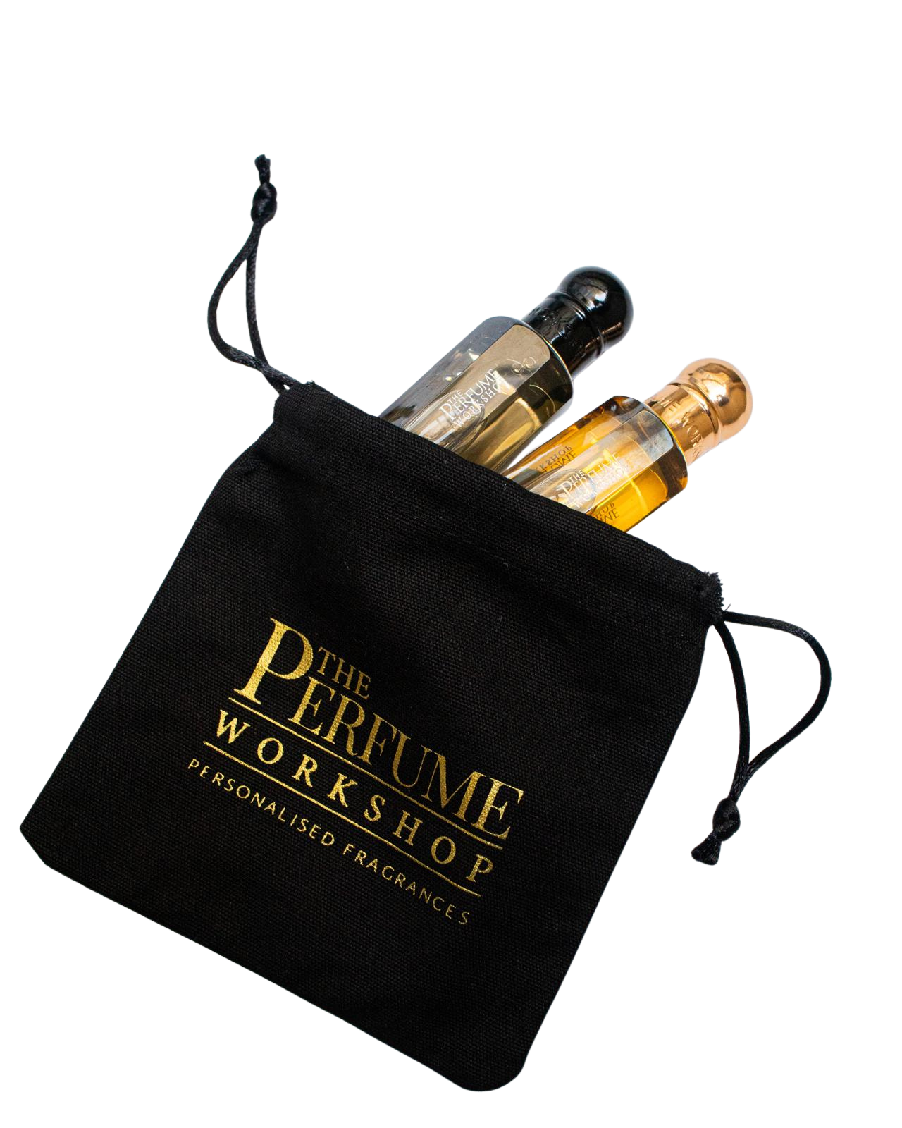 A black drawstring pouch with gold lettering reading 'The Perfume Workshop Personalised Fragrances' on a white background, with two small perfume bottles partially tucked inside.